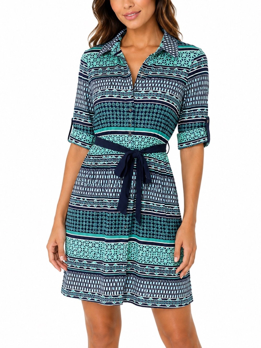 Charter Club Petite Small Turquoise Pattern Button Down Dress